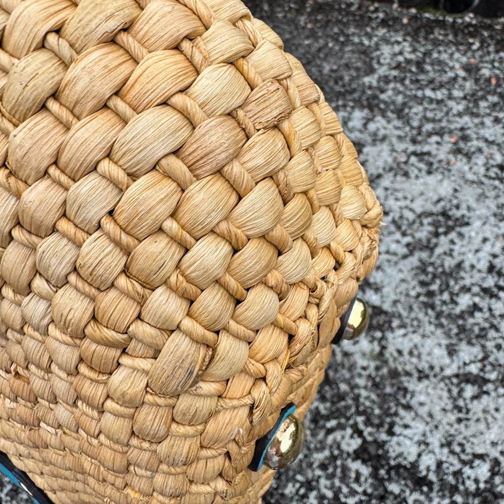 Michael Kors Straw Woven Tote Bag Turquoise Leather Gold Chain Small Summer Bag - Picture 11 of 14